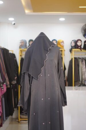 Charcoal Grey Alkhor Abaya - Floral Embroidery & Scalloped Trim