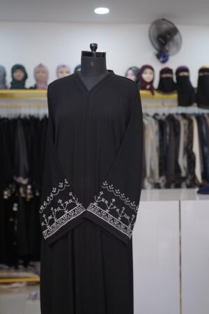 Ajwa Cloth Abaya - White Bits Hand Work & Front Open