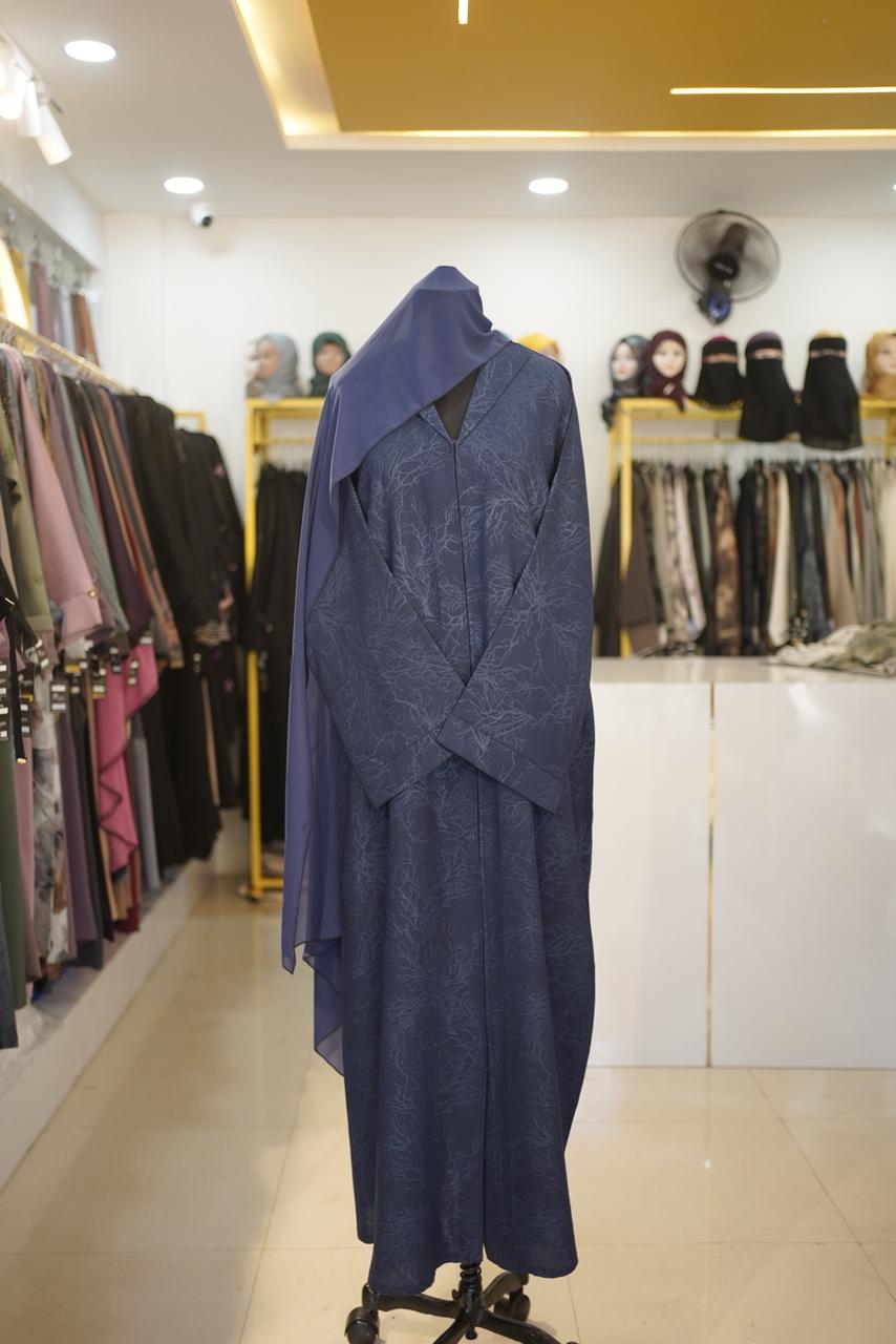 Royal Blue Jacquard Abaya - Textured Floral Weave - Image 4