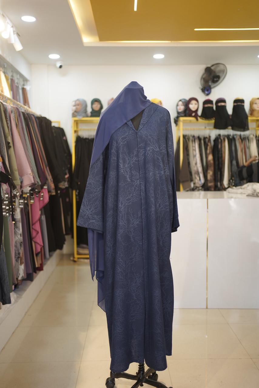 Royal Blue Jacquard Abaya - Textured Floral Weave - Image 3