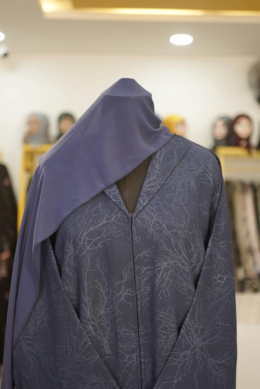 Royal Blue Jacquard Abaya - Textured Floral Weave - Image 2
