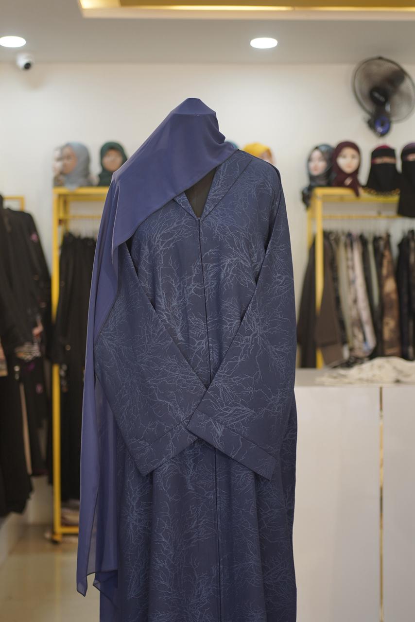Royal Blue Jacquard Abaya - Textured Floral Weave