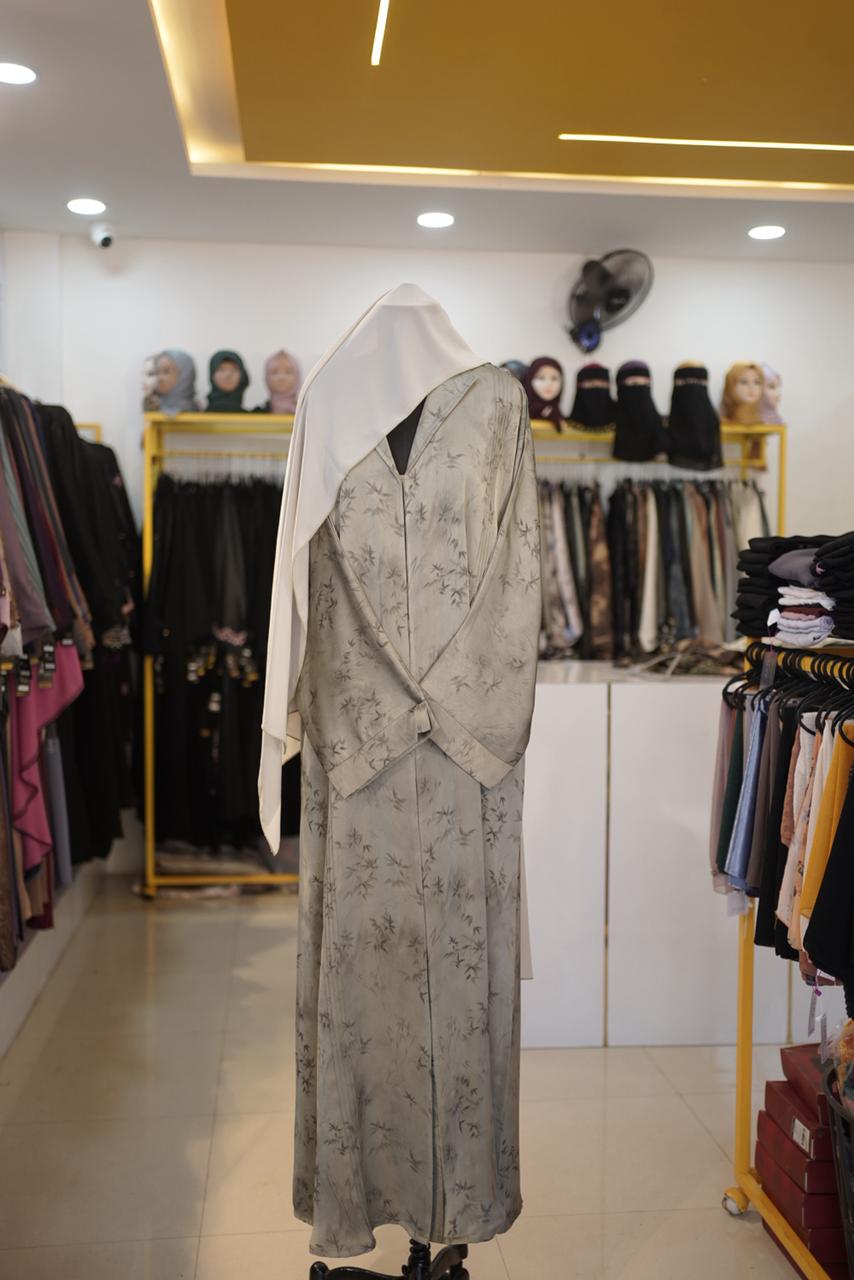 Grey Alkhor Printed Abaya - Botanical Bamboo Motif - Image 2