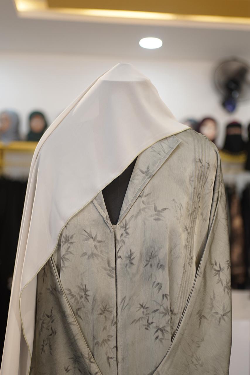Grey Alkhor Printed Abaya - Botanical Bamboo Motif - Image 3