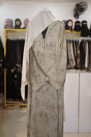Grey Alkhor Printed Abaya - Botanical Bamboo Motif