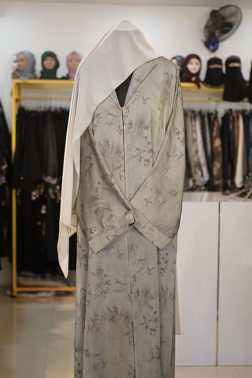 Grey Alkhor Printed Abaya - Botanical Bamboo Motif