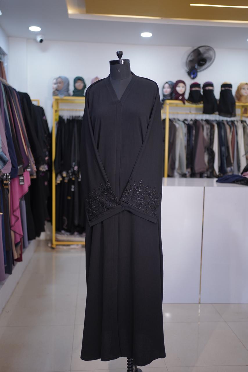 Black Hand Work Ajwa Abaya - Heavy Sleeve Detail - Image 2